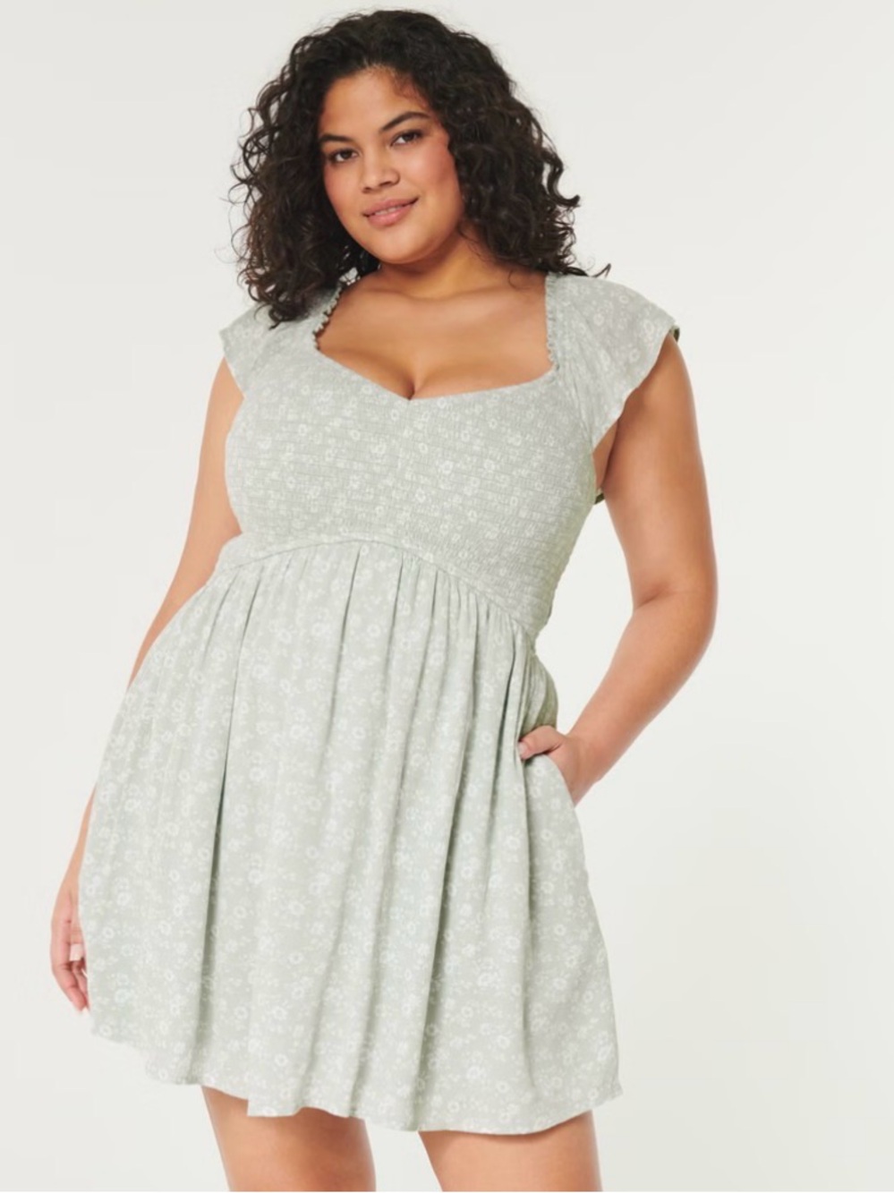 Hollister Sage Green Smocked Bodice Mini Dress